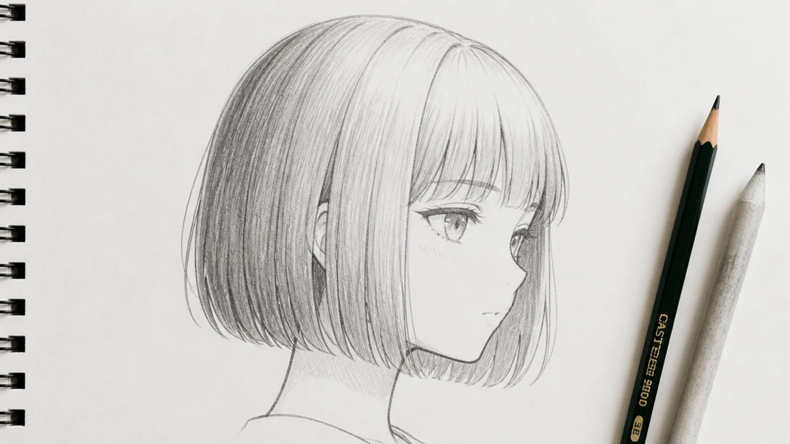A pencil sketch of a blunt anime bob with a level perimeter