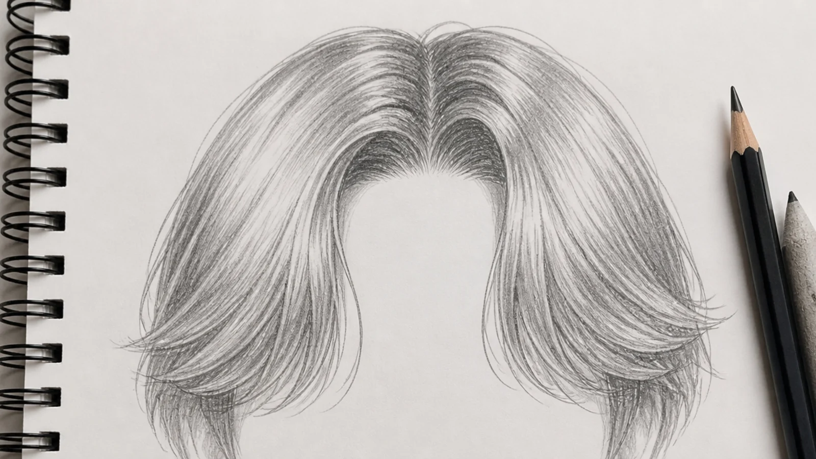 A graphite sketch of anime curtain bangs parted at the centre