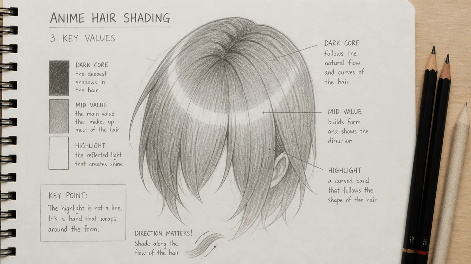A shaded anime hair study with a bright zigzag highlight band across the crown