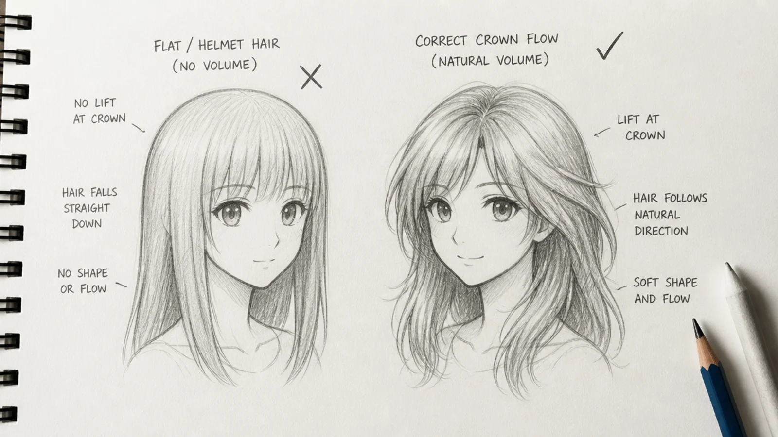 A pencil study comparing a flat hair sketch with a corrected version