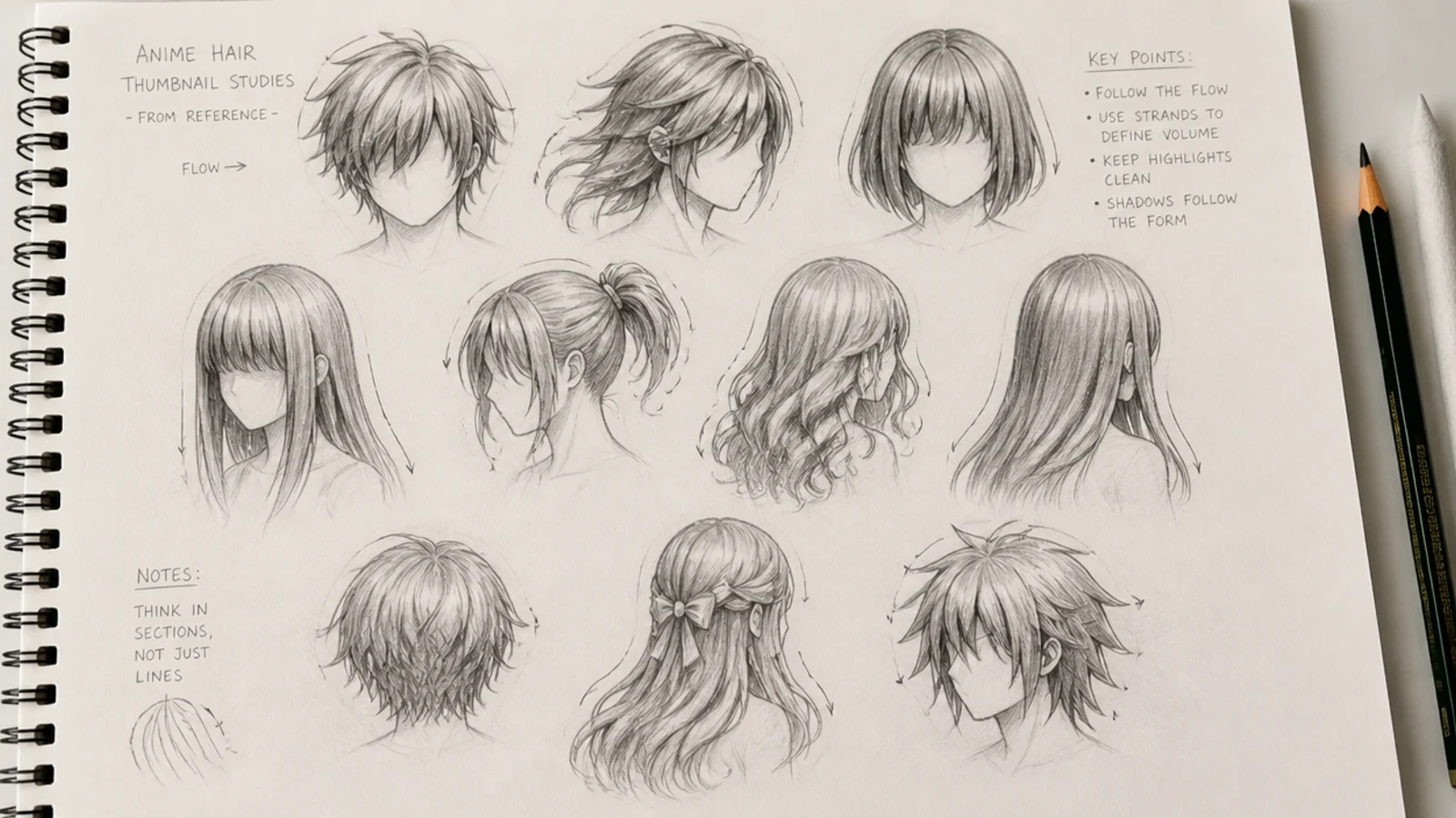 A sketchbook page of small reference studies of anime hairstyles