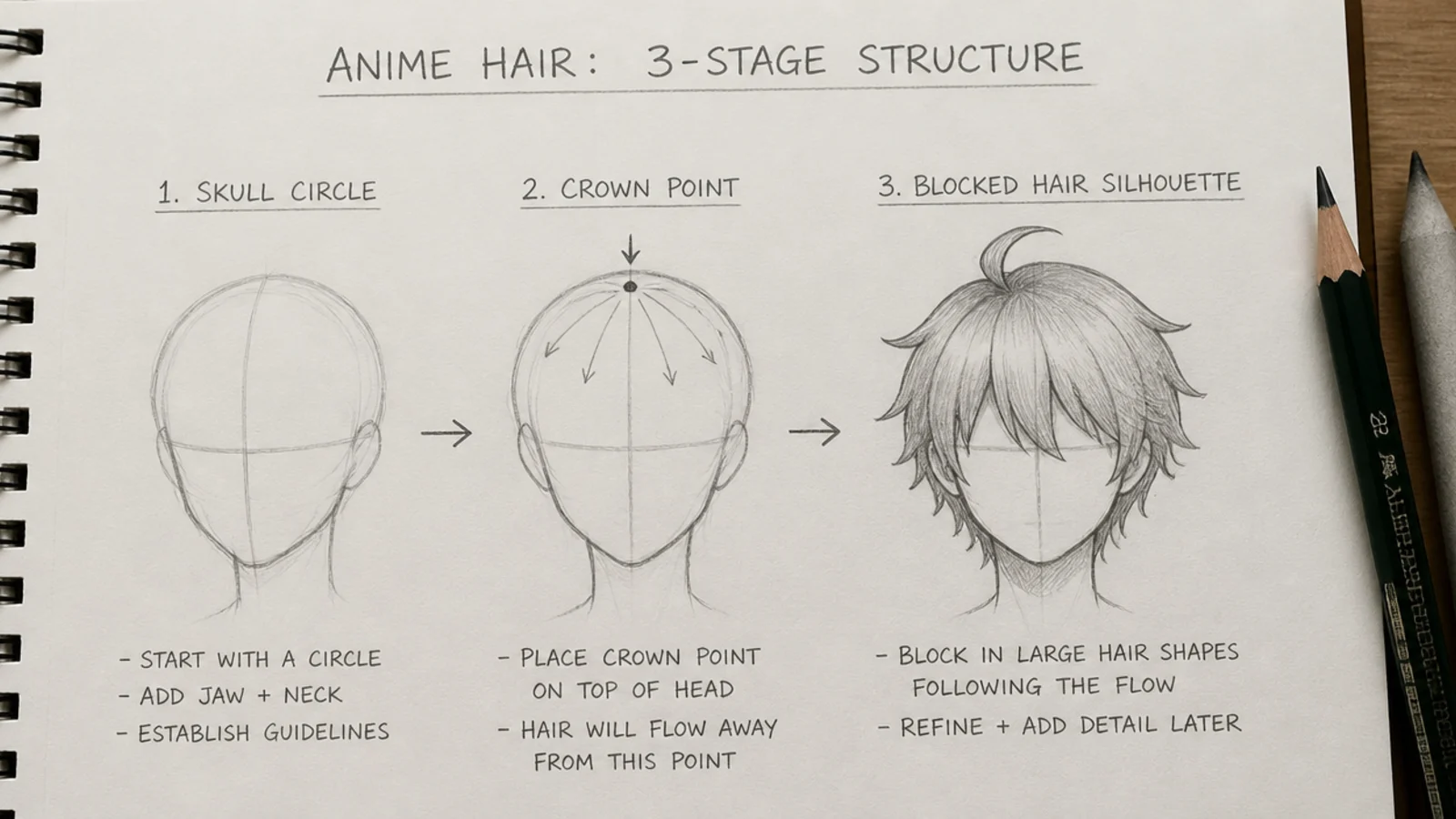 A light construction sketch showing a skull circle with the hair silhouette blocked outside it