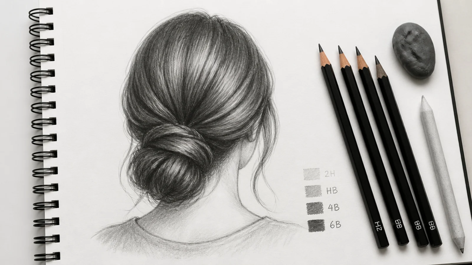 Graphite pencils, a kneaded eraser and a blending stump beside an open sketchbook