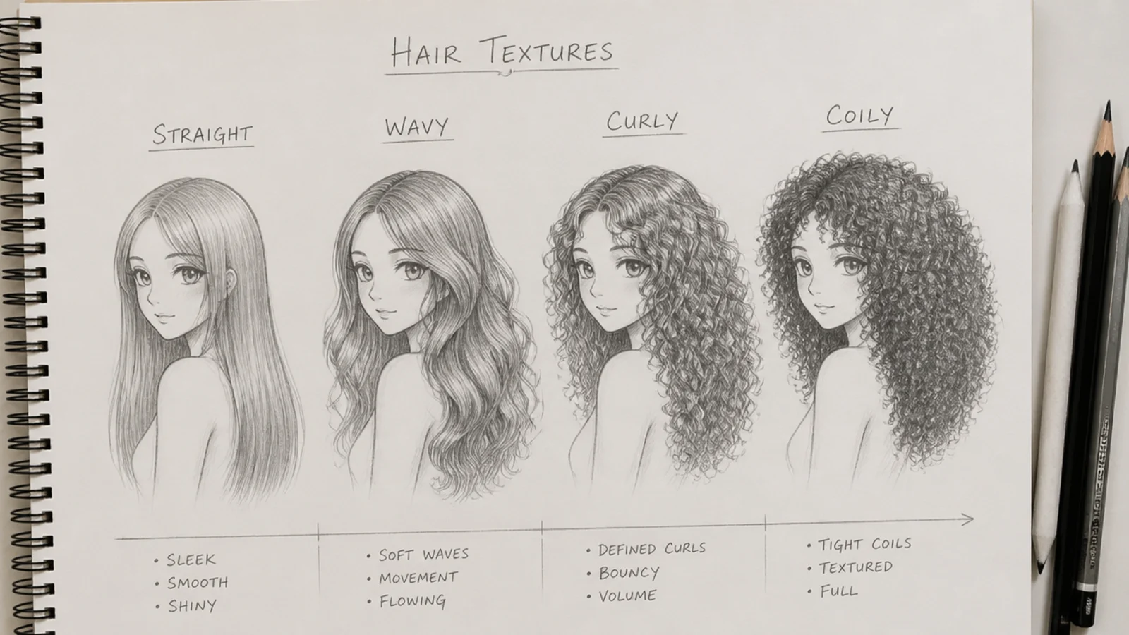 Four small hair studies comparing straight, wavy, curly and coily texture in pencil