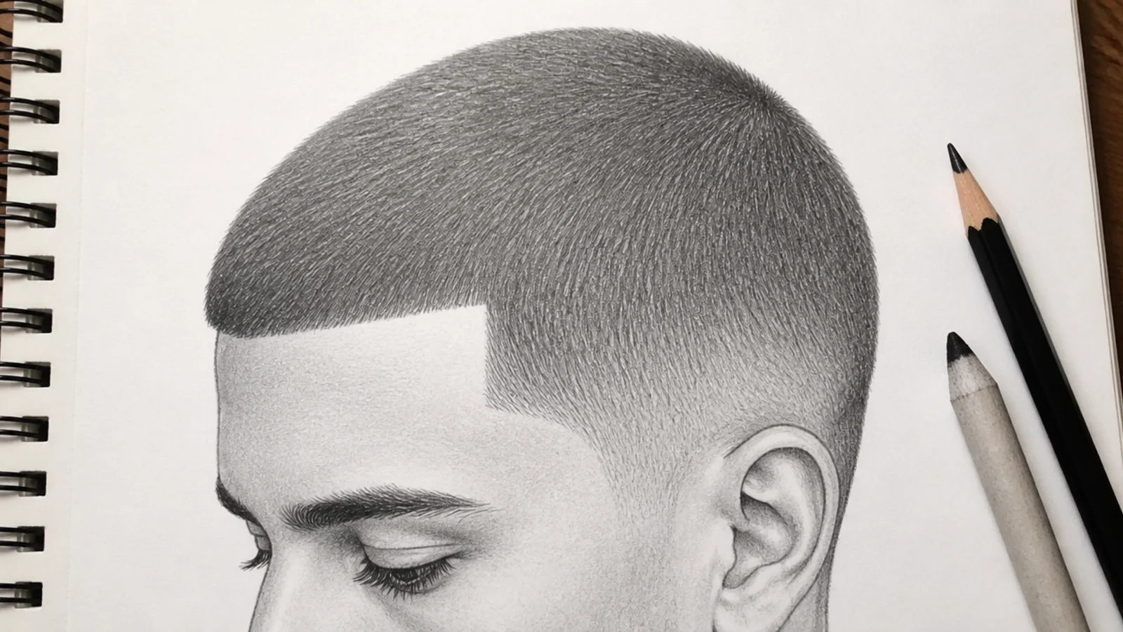 A pencil sketch of a buzz cut showing the shape of the skull