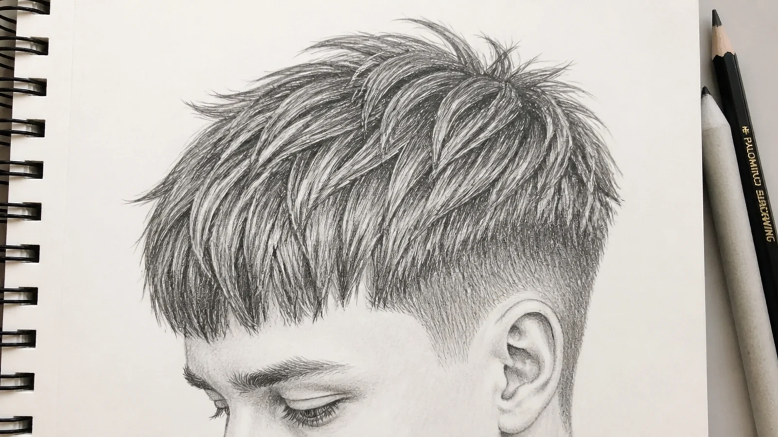 A pencil sketch of a textured crop with a blunt fringe edge