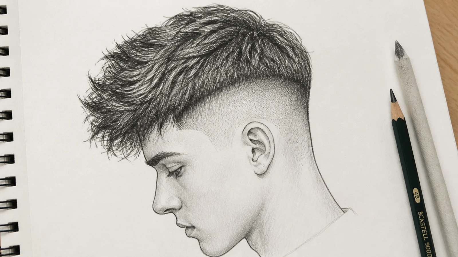 A graphite sketch of an undercut with a hard boundary above the shaved side