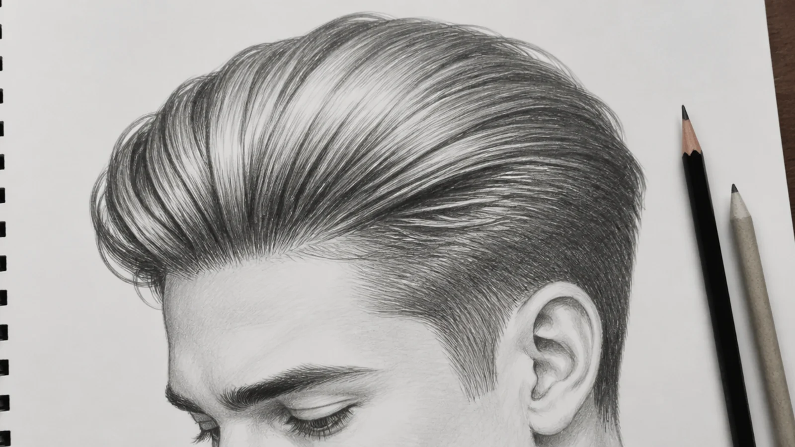 A pencil sketch of hair slicked straight back from the hairline