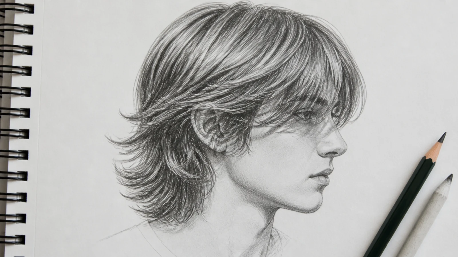 A sketch of shaggy mid length hair with layered ends