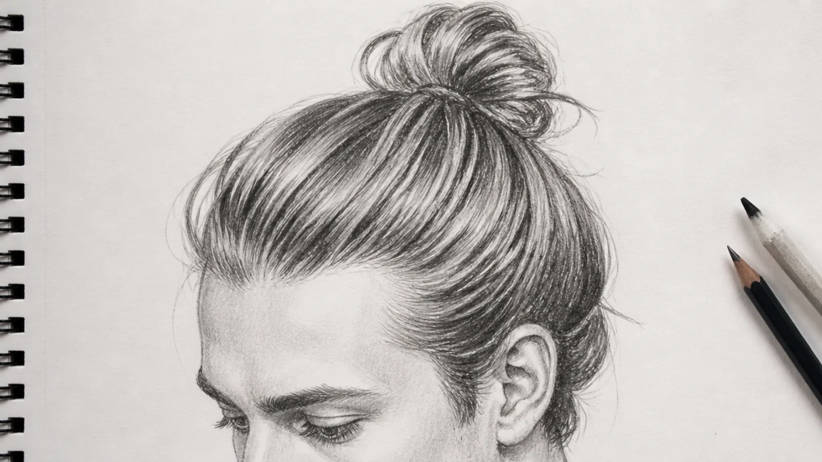 A sketch of hair gathered into a man bun at the back of the head