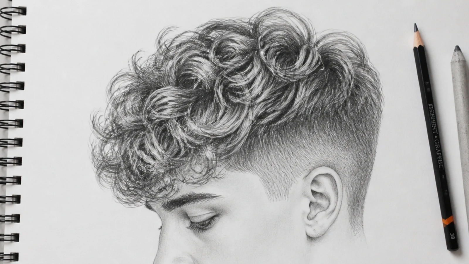 A graphite sketch of a curly top with short sides