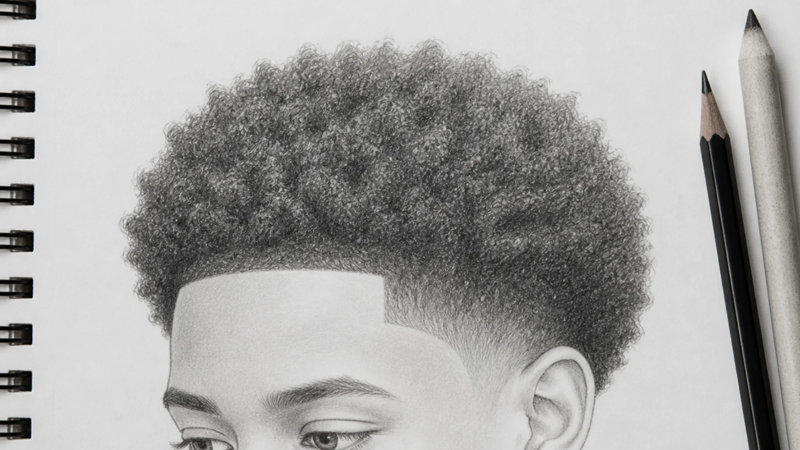 A pencil sketch of an afro shaded as a rounded mass