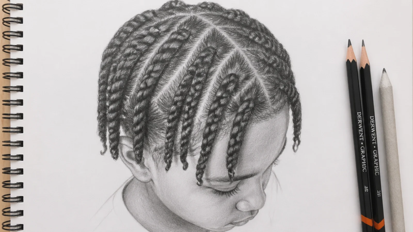 A sketch of short twists arranged in rows across the head