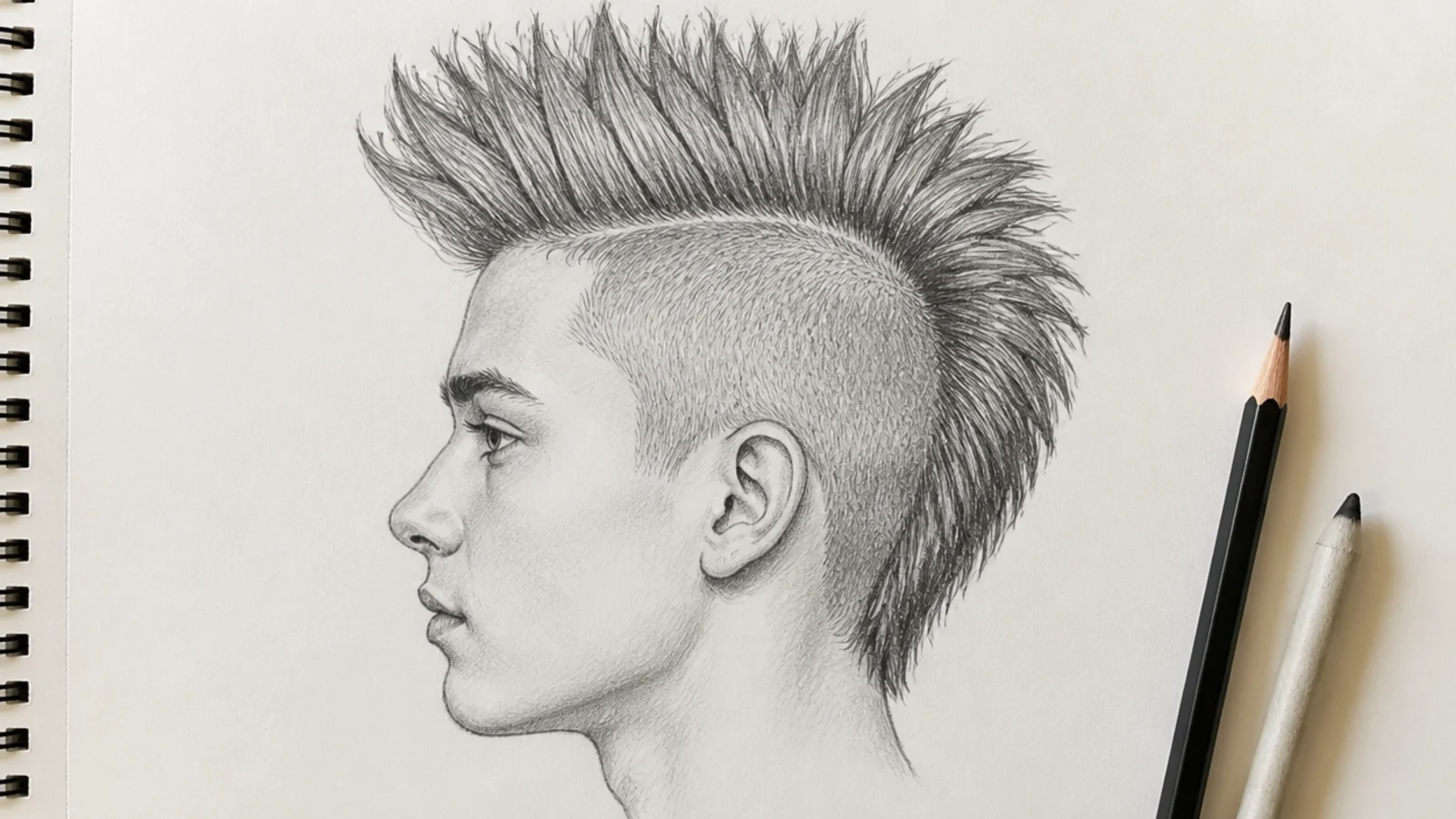 A graphite sketch of a mohawk with shaved sides seen from an angle