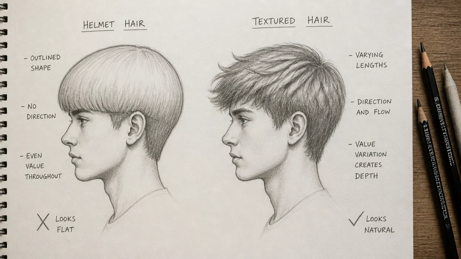 A pencil comparison of a flat hair sketch and a corrected version