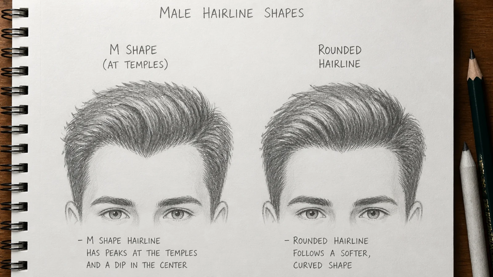 A study of a male hairline showing the temple corners and sideburn edge