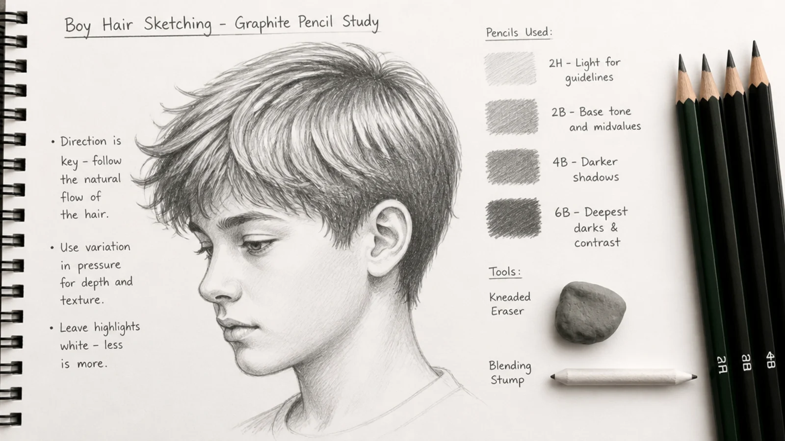 Graphite pencils, a blending stump and an eraser laid out beside an open sketchbook