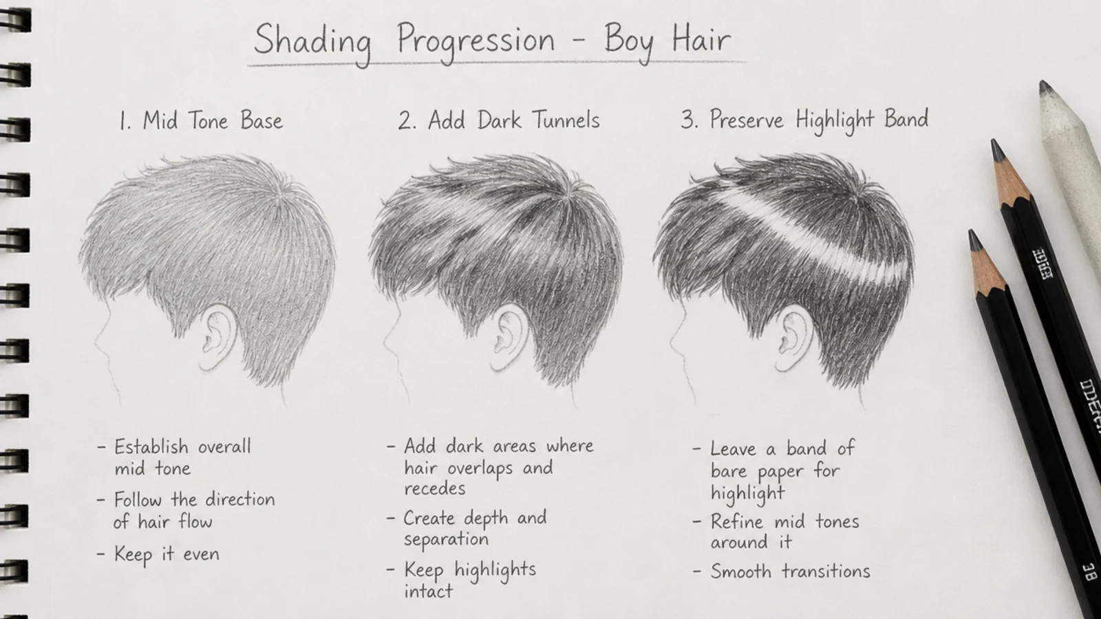 A shaded pencil study of a short cut showing the tonal ramp down the side
