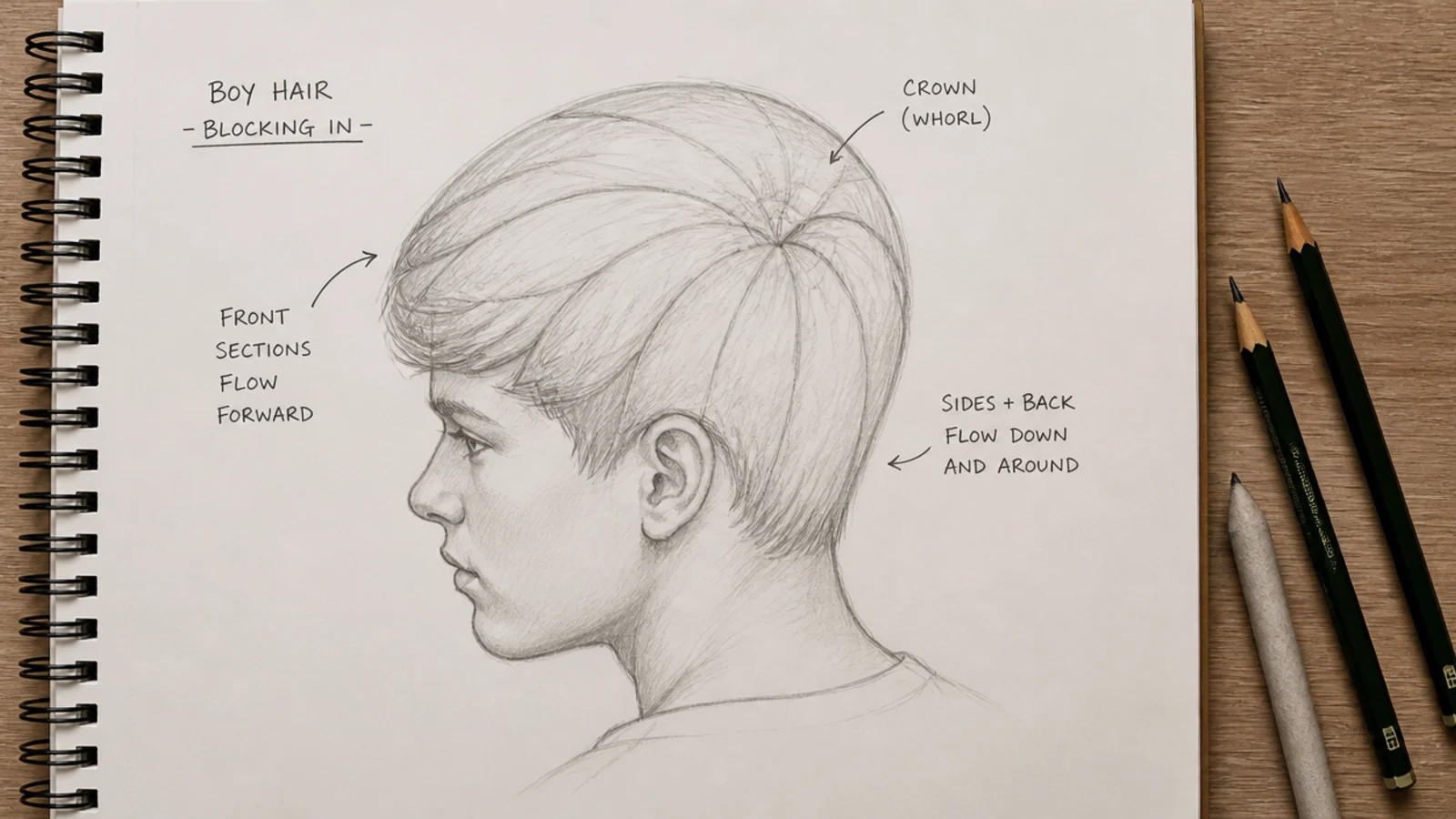 A light construction drawing of a skull with the hair silhouette blocked over it