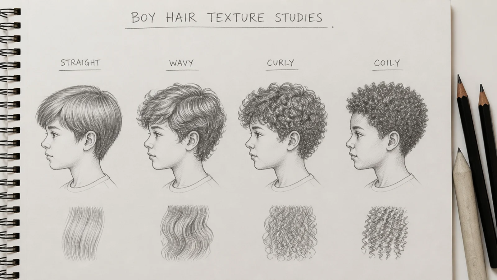 Four small studies comparing straight, wavy, curly and coily hair in pencil