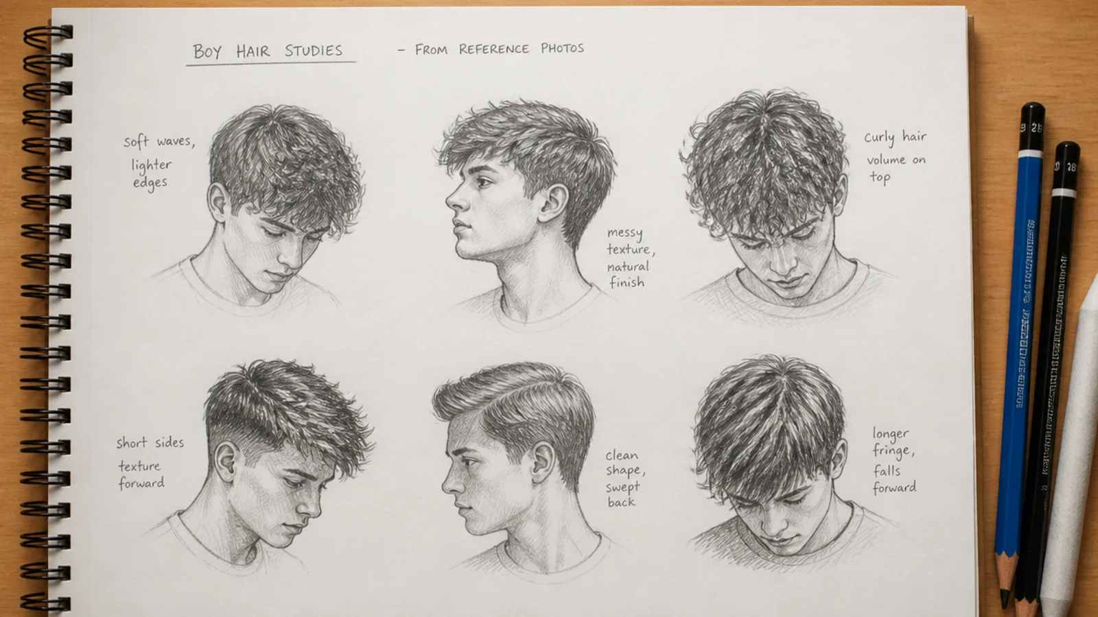 A sketchbook page of small reference studies of short haircuts