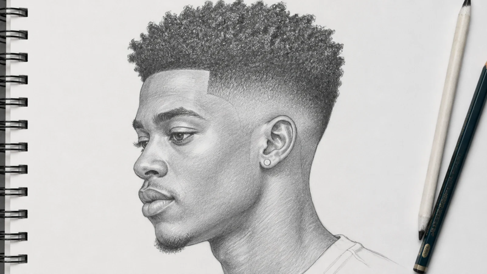 A pencil sketch of a high top fade with dense coils above faded sides