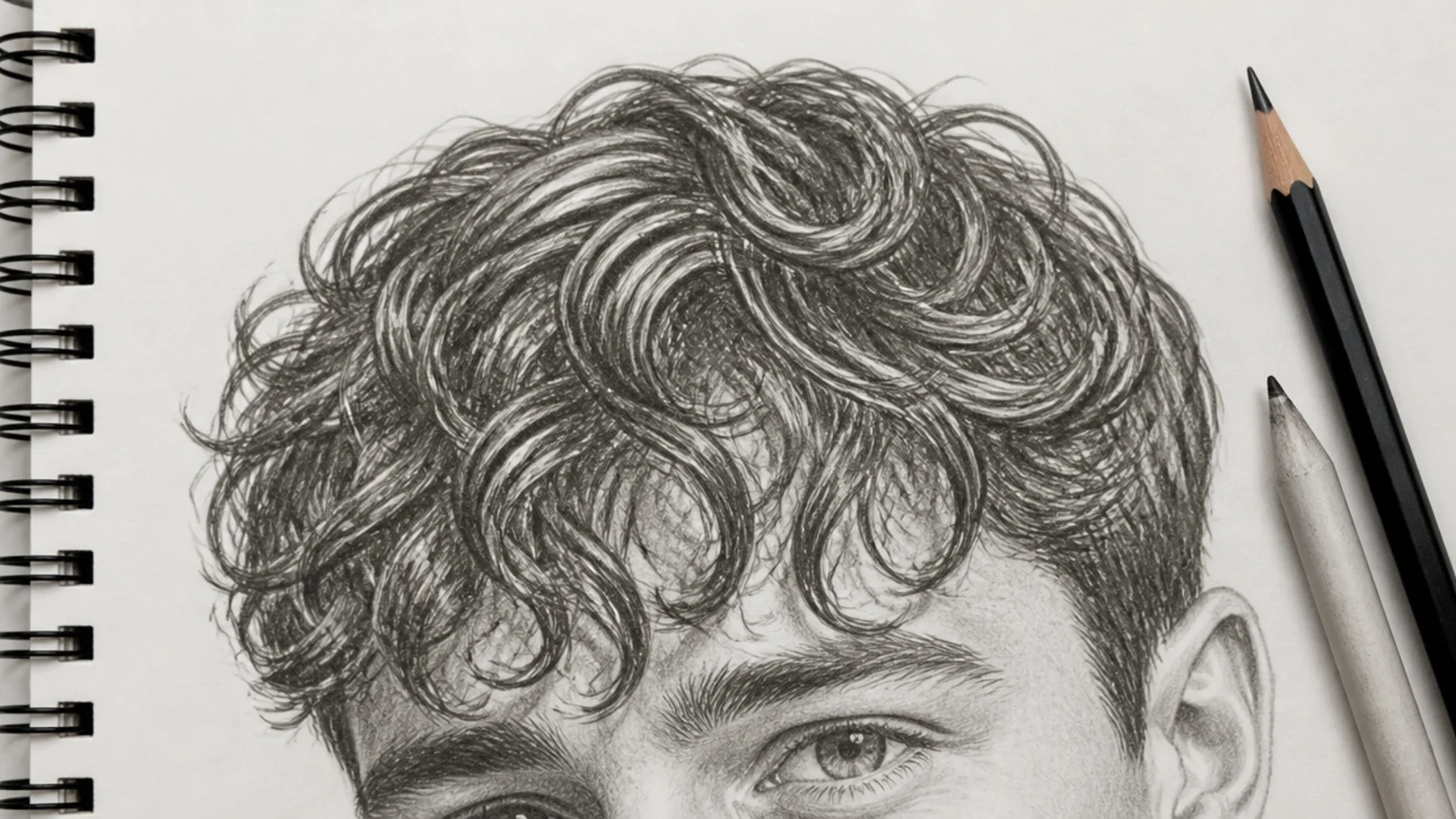 A sketch of loose ringlets falling across a forehead