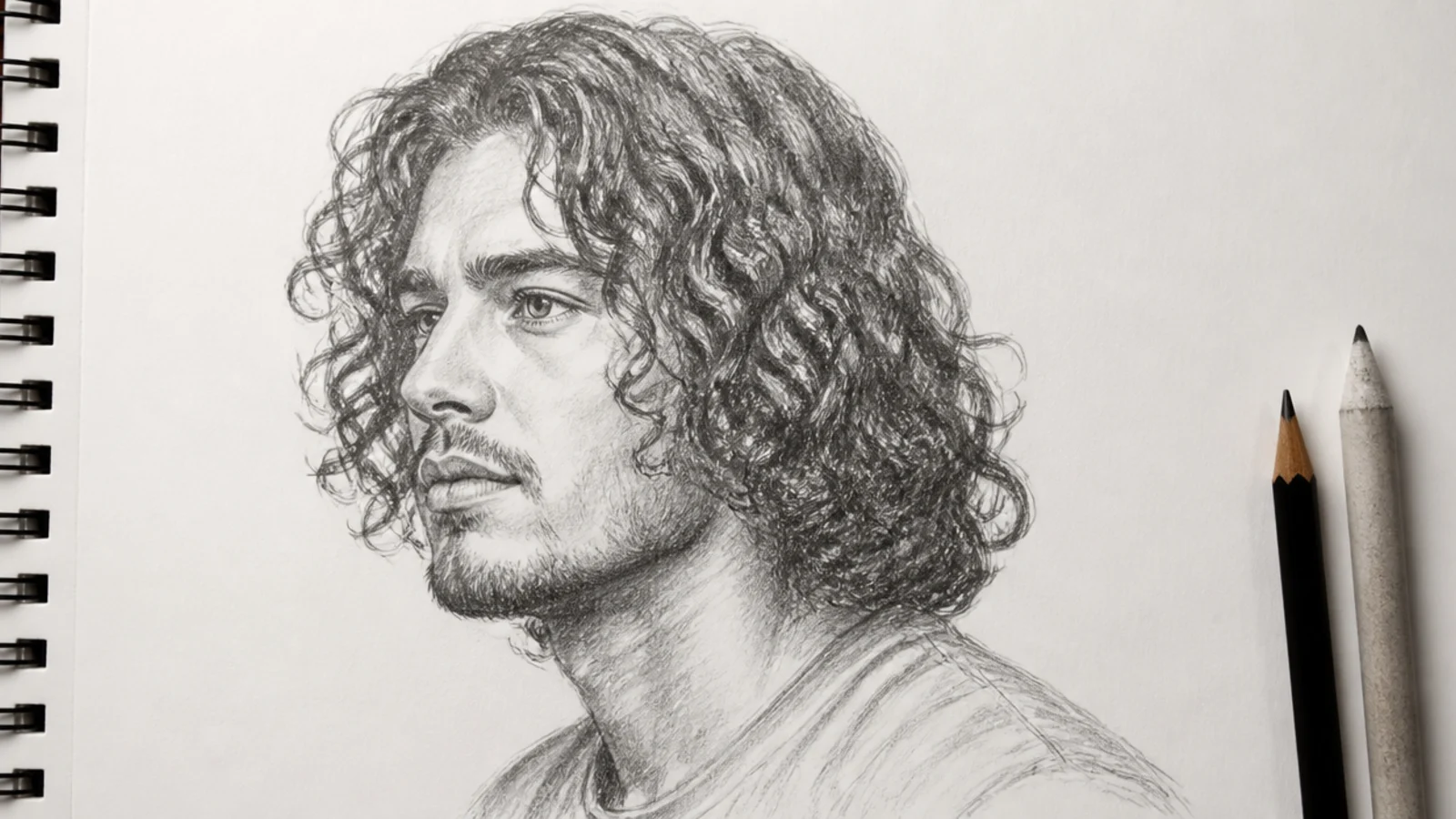 A three quarter view sketch of a man with springy mid-sized curls
