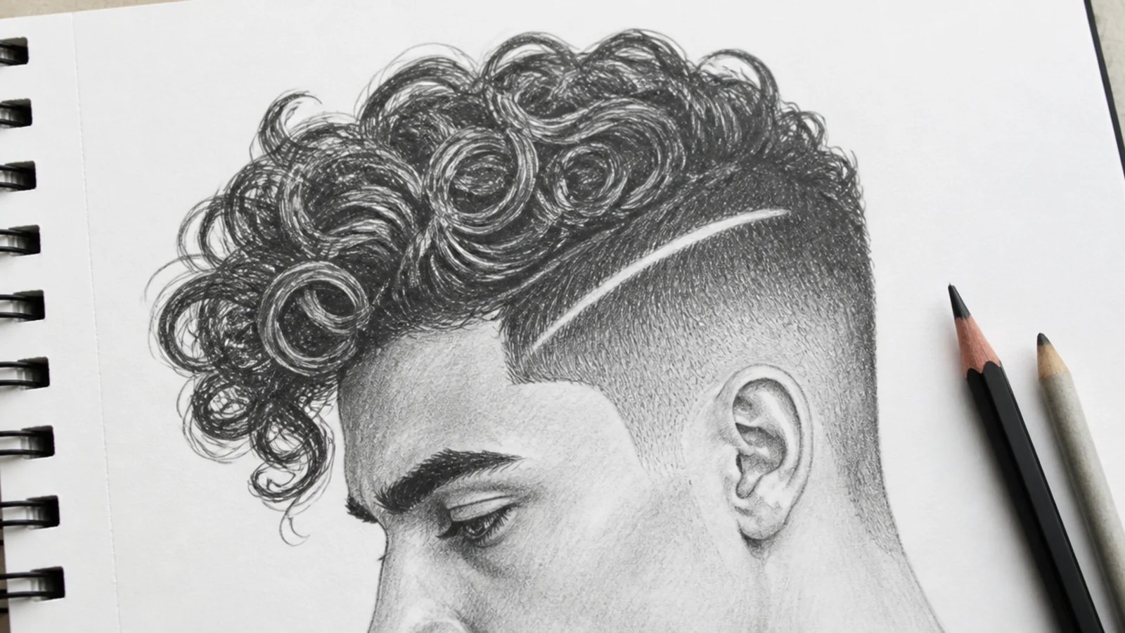 A sketch of curls sitting above a sharply shaved undercut line