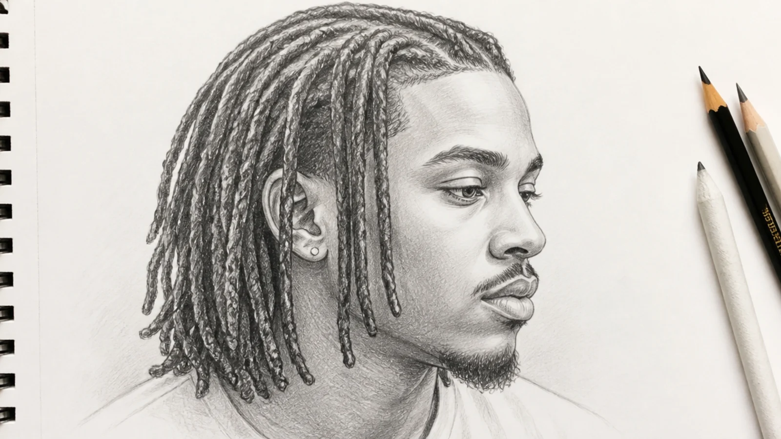 A sketch of locs falling behind and around an ear