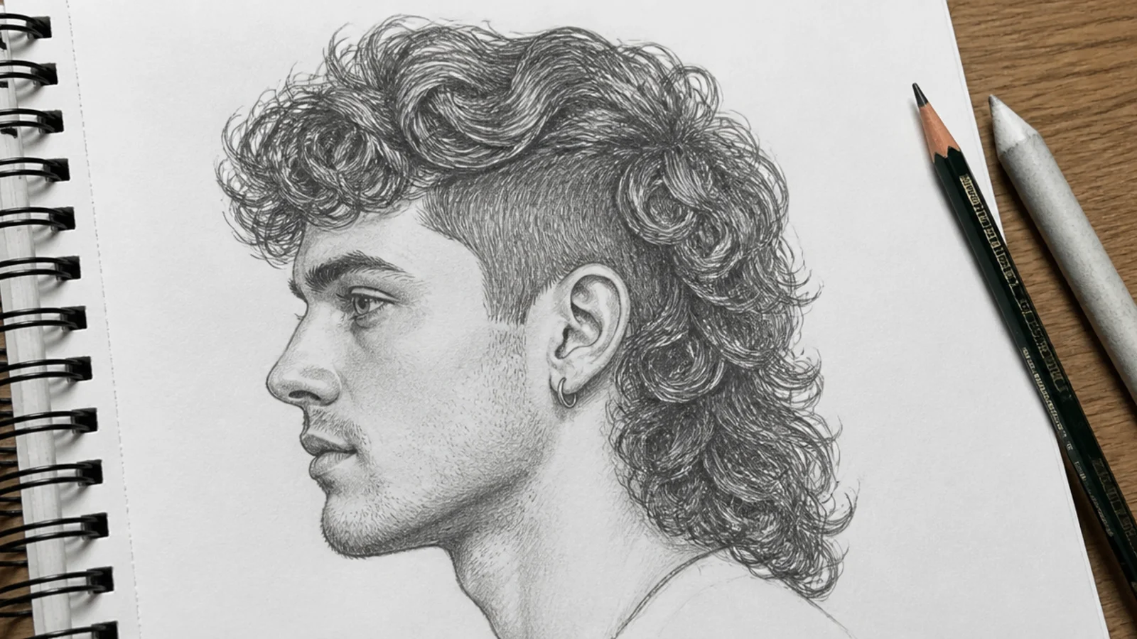 A profile sketch of a curly mullet with length at the back