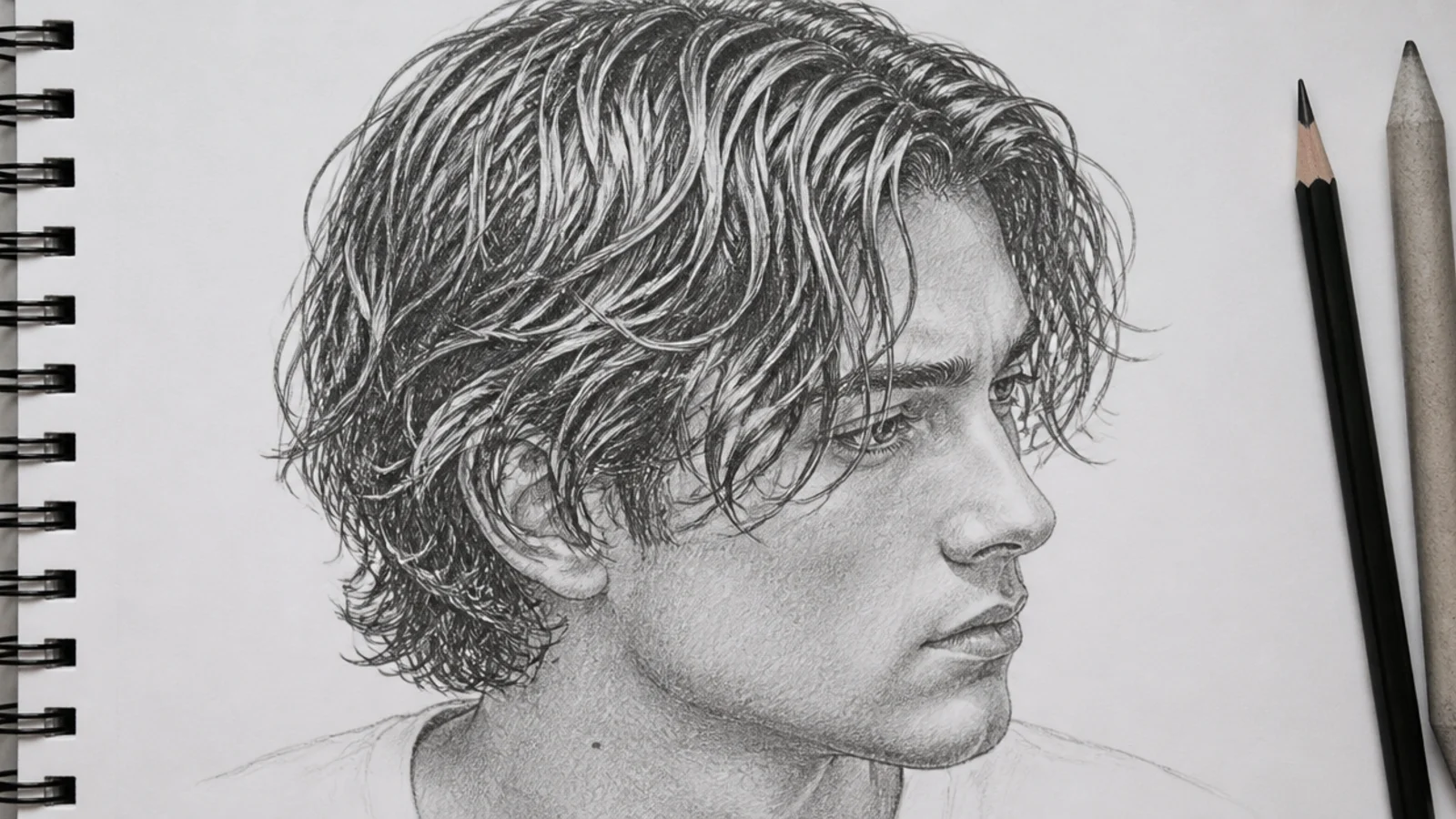 A sketch of wet wavy hair pushed back from the face