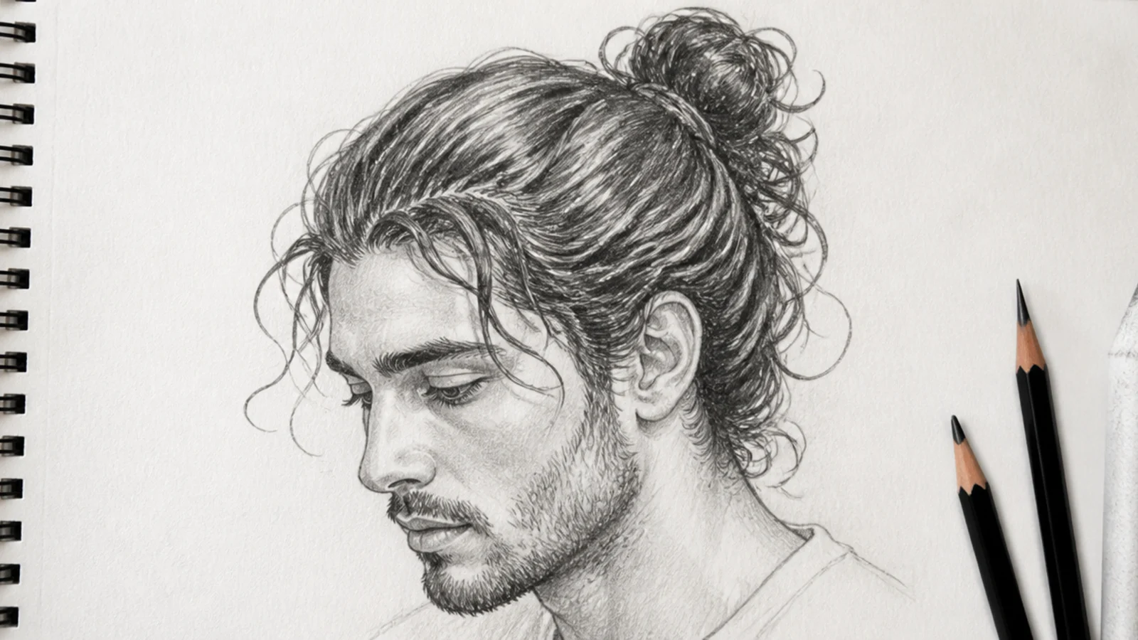 A sketch of curls pulled back into a loose bun