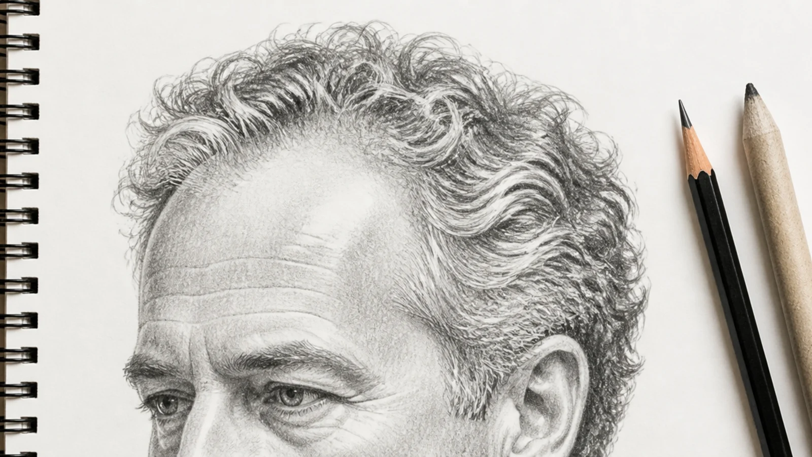 A sketch of greying curls lightest at the temples