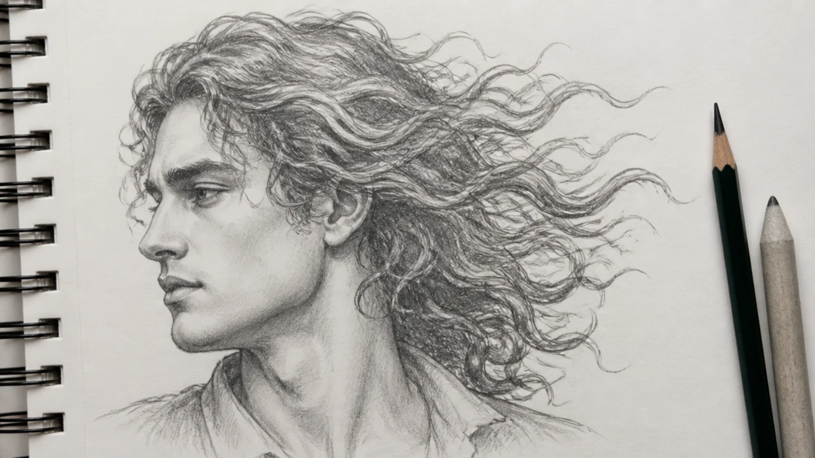 A profile sketch of curls swept back by wind
