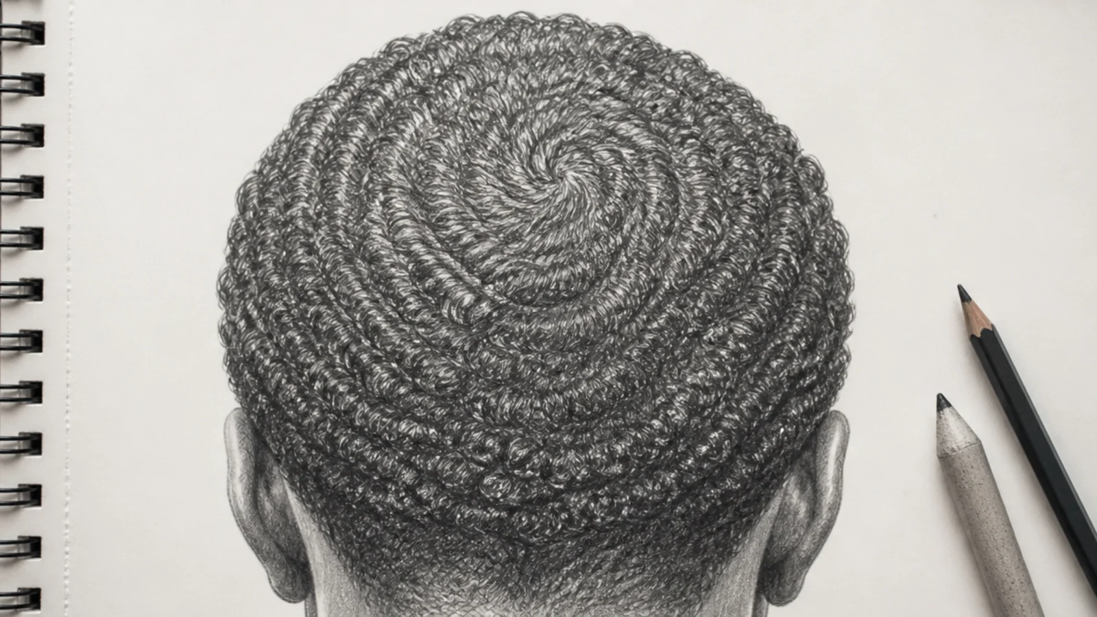 A back view sketch of coils radiating from the crown