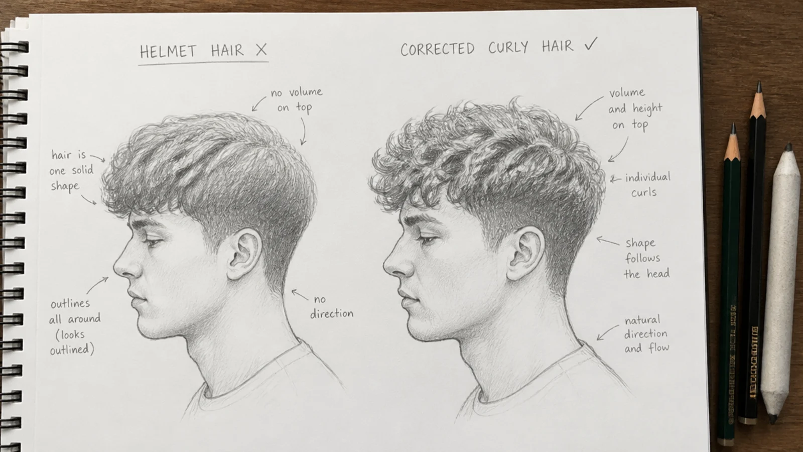 An over-outlined curl drawing beside a corrected shaded version