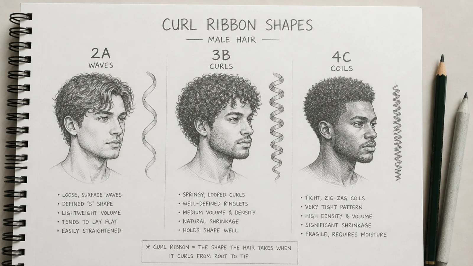 A pencil study comparing wave, ringlet and coil patterns side by side