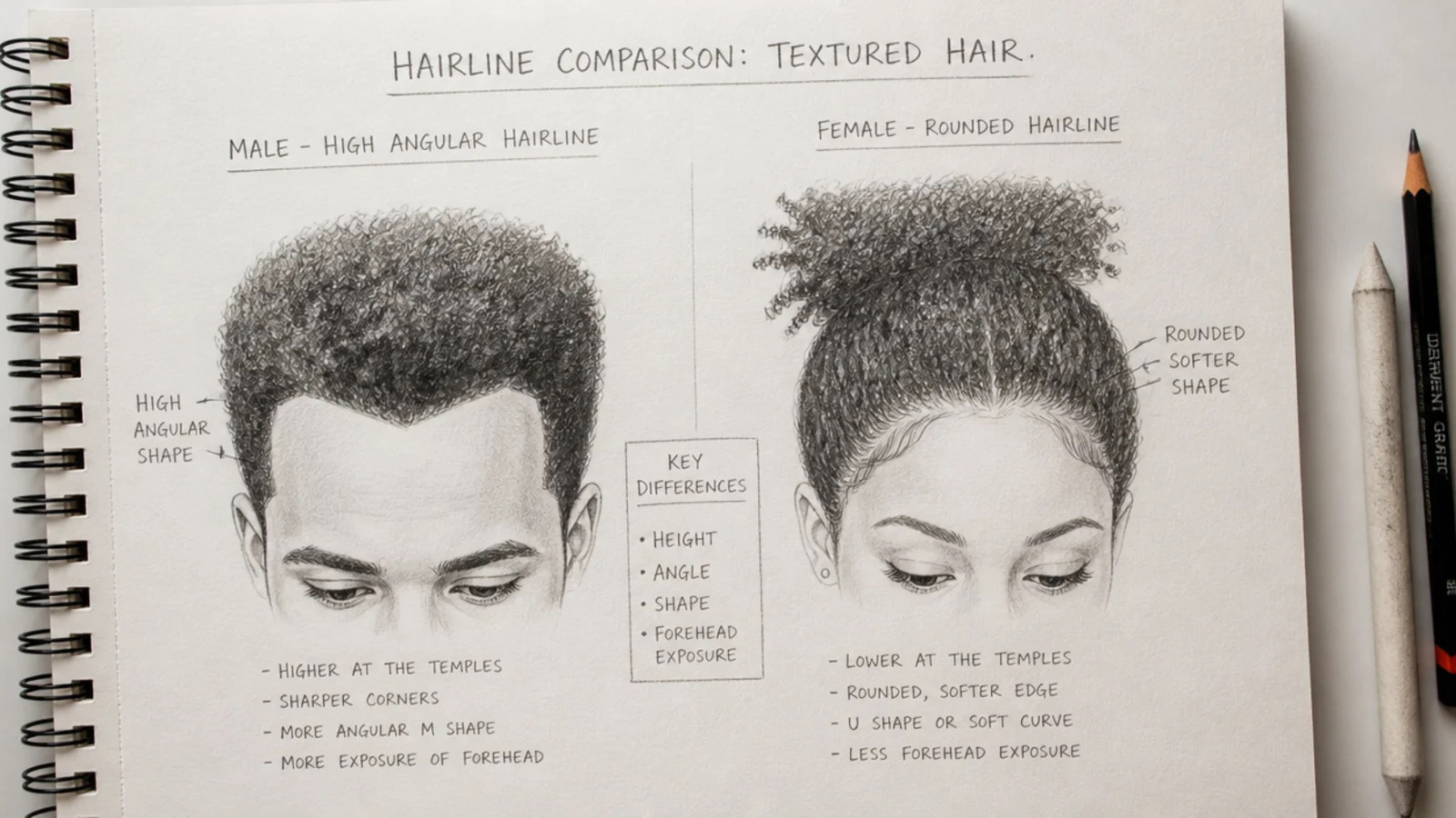A close pencil study of a recessed hairline and a lined-up temple