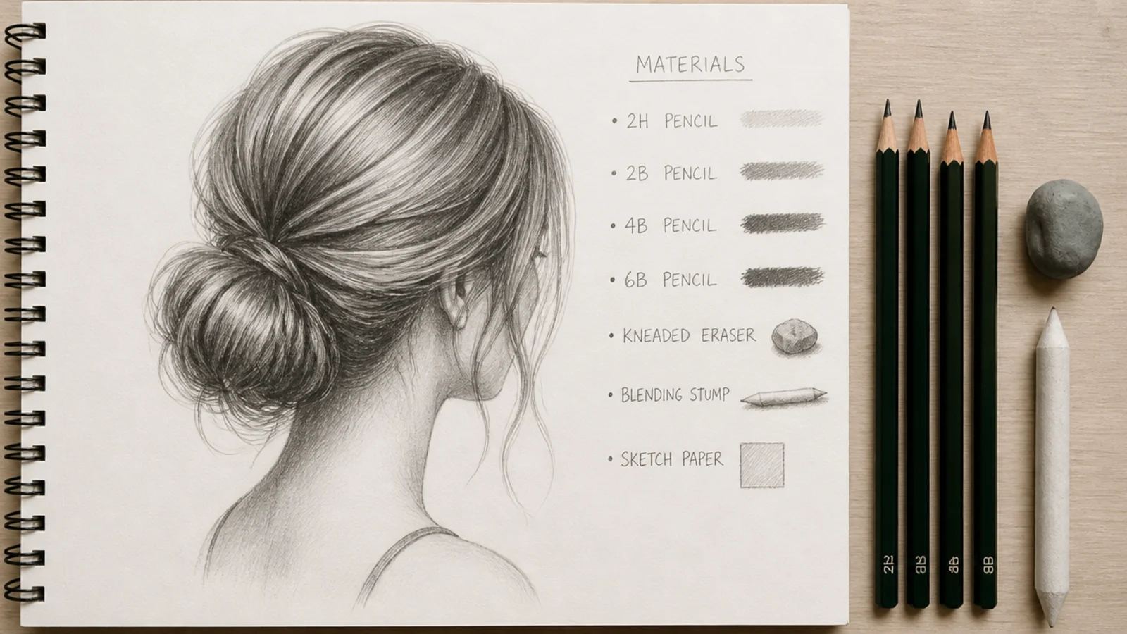 Graphite pencils, a kneaded eraser and toothed paper laid out on a desk