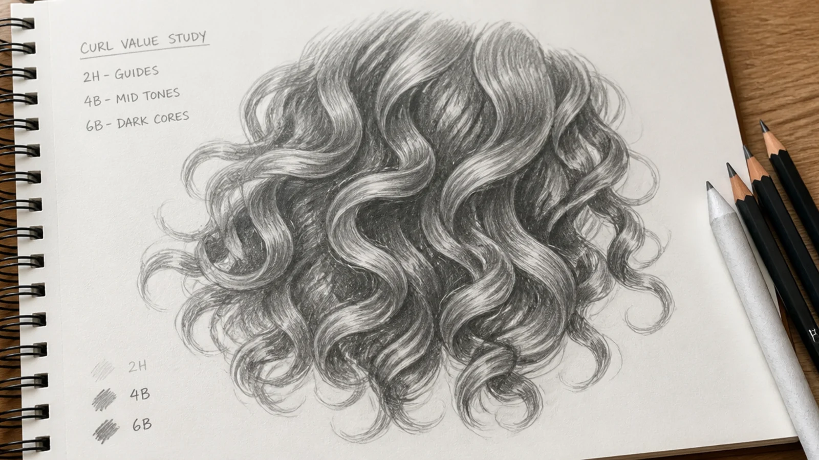 A curl mass shaded from light layout to finished dark cores