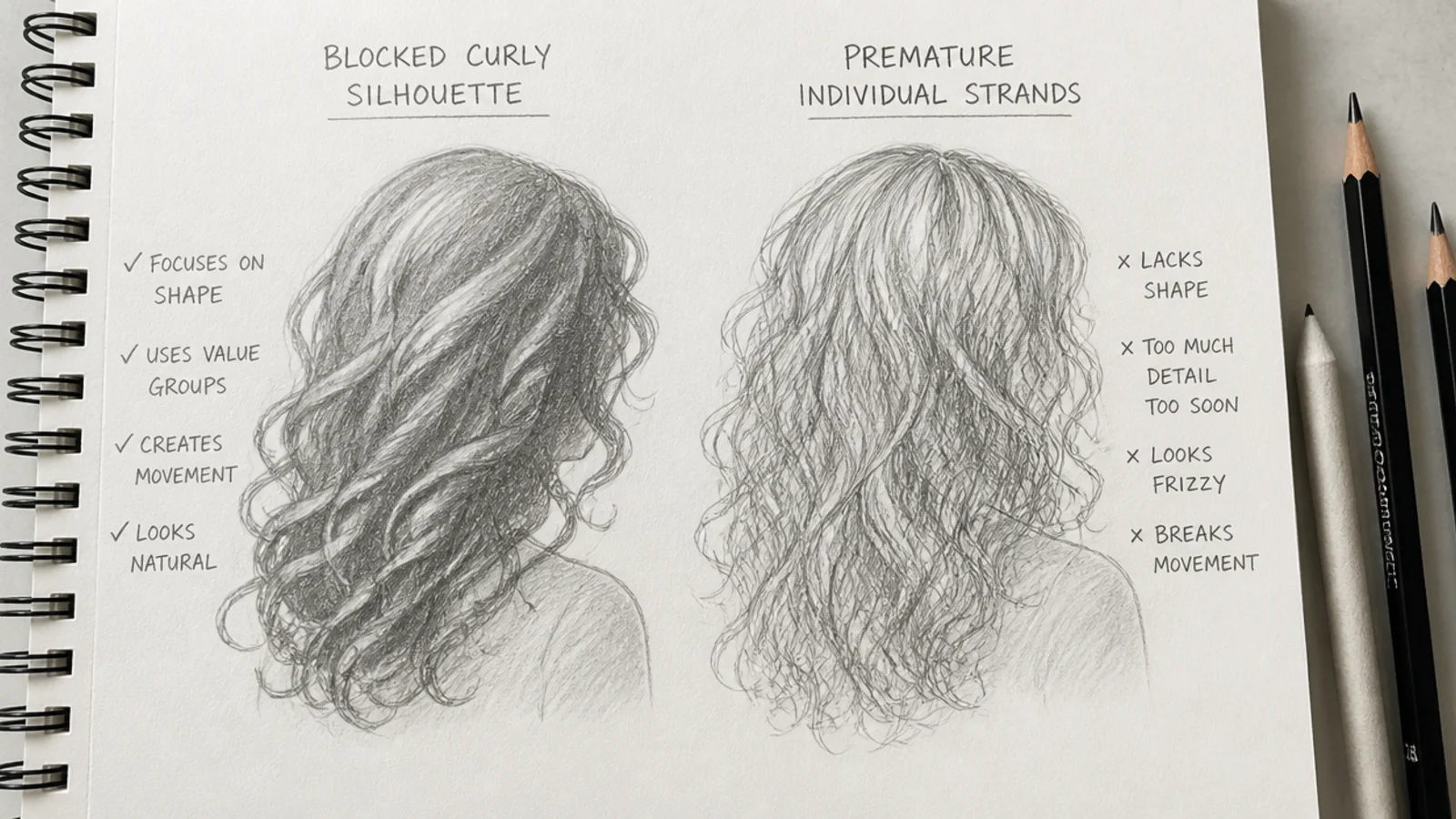 A blocked-in hair silhouette next to the same sketch with curl detail added