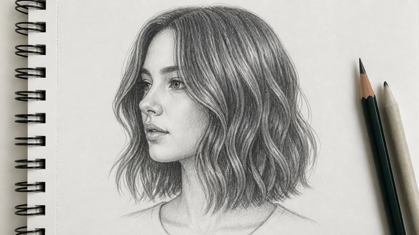 A graphite sketch of a wavy lob with waves starting at eye level