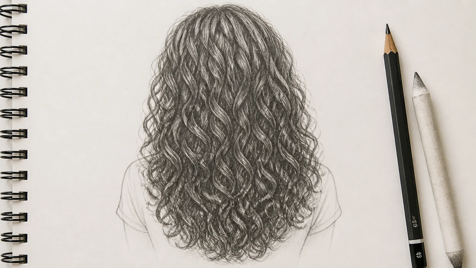 A pencil sketch of loose spiral curls falling past the shoulder
