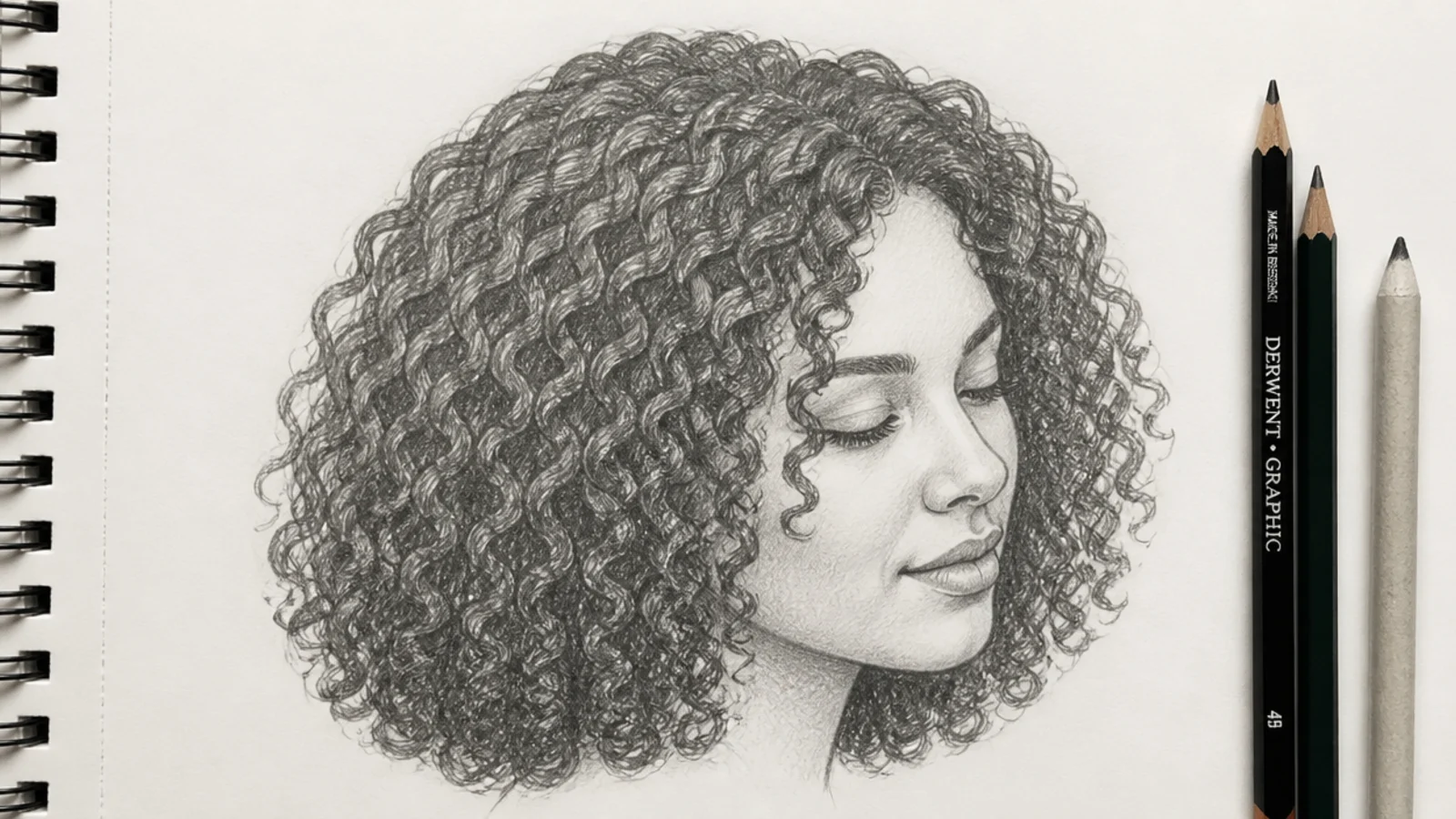 A graphite sketch of springy ringlets around the face