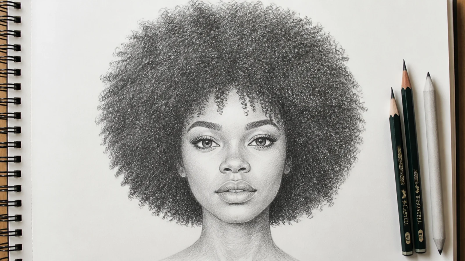A pencil sketch of a rounded coily afro shaded as a mass