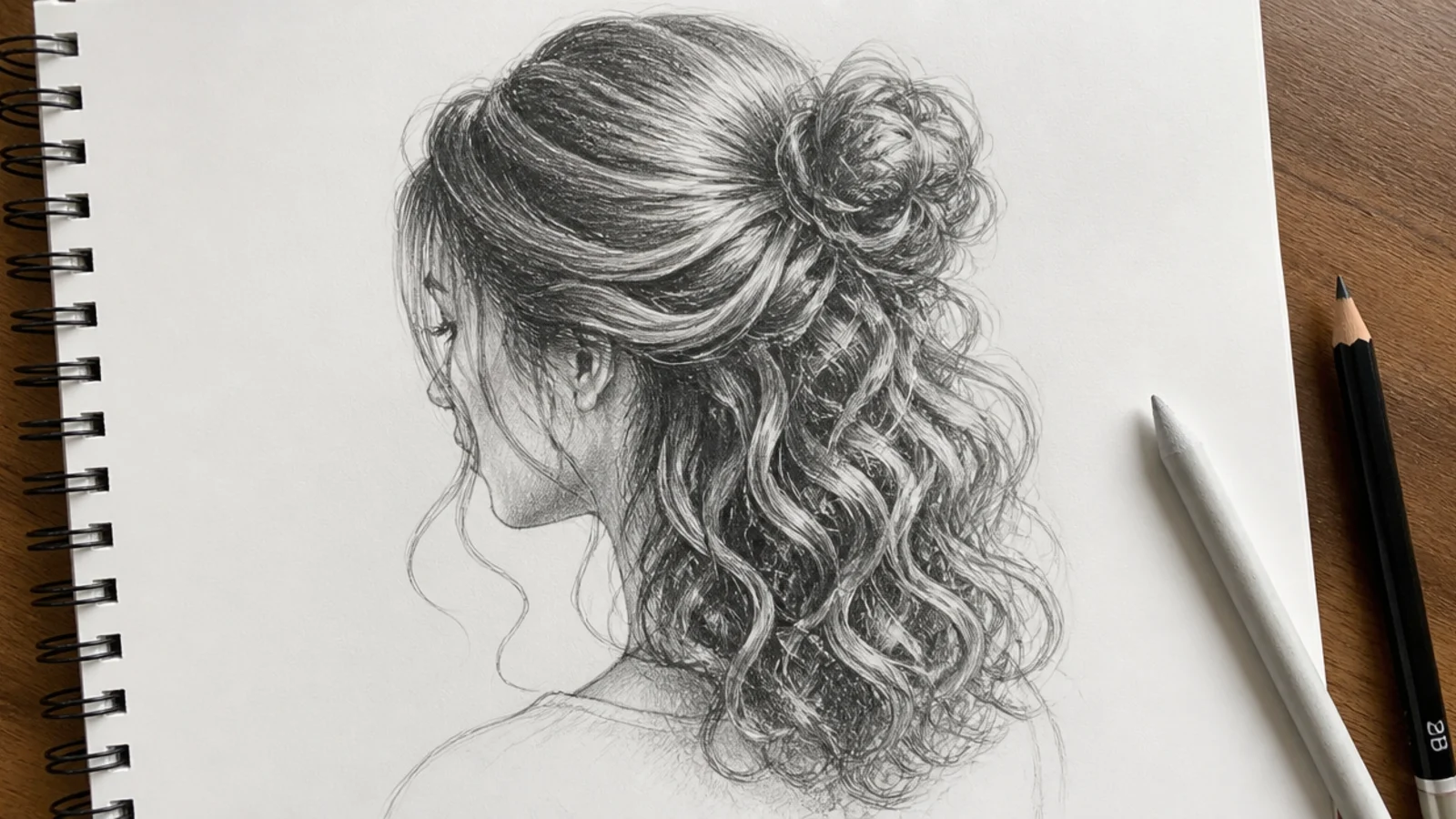 A sketch of curly hair with the top half gathered into a bun