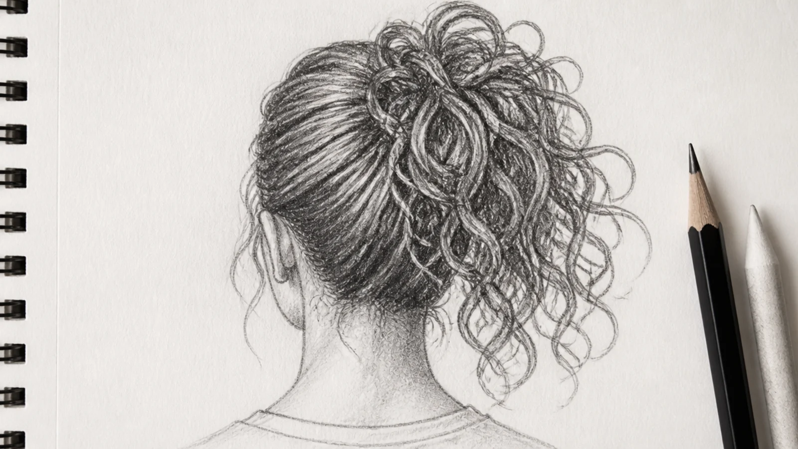 A pencil sketch of a curly ponytail seen from behind