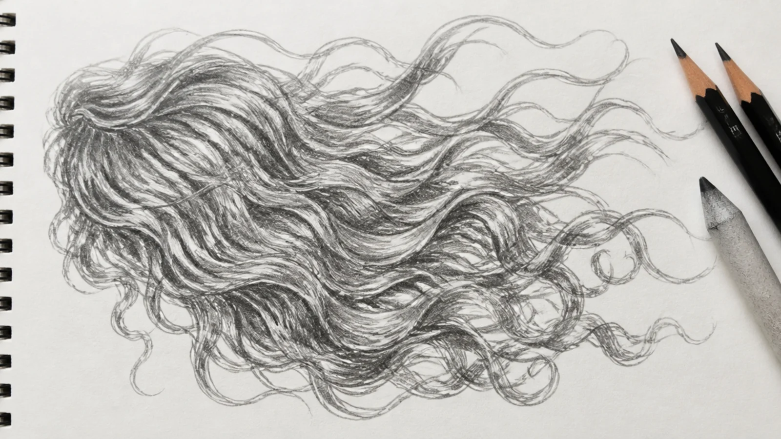 A sketch of curls lifted and separated by wind