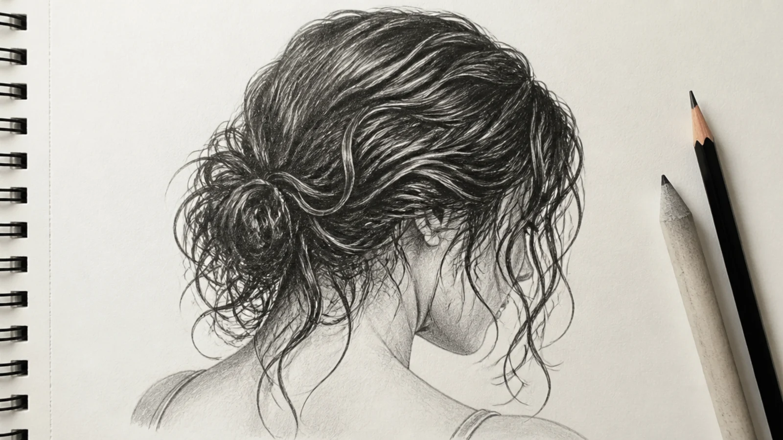 A graphite sketch of wet defined curls clinging together